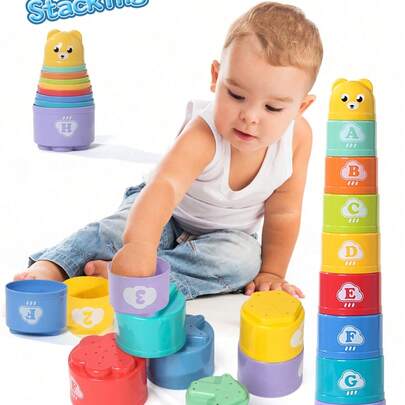 1set Bear Number Round Stack Cup Letter Recognition Assignment Toy, Kindergarten Learning Tool, Parent Child Interactive Puzzle Toy For Boys, Girls, Christmas, Halloween, Thanksgiving, Birthday Party (Random Color)
