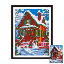 Christmas Gift DIY Cross Stitch Kit - Cozy Christmas Red House In Snow, 11CT Beginner Friendly, Home Decor Wall Art Material Set