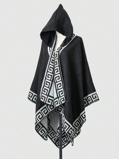 1件纯色拼接几何印花复古连帽围巾披肩，可搭配连衣裙