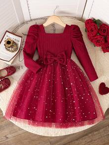 Young Girls' Solid Color Jacquard Square Collar Puff Sleeve Top Spliced With Star, Moon & Mesh Princess Dress With Bow Decor - Burgundy - View 1