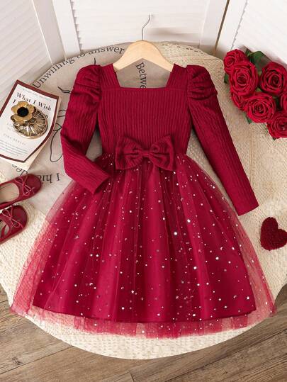 Young Girls' Solid Color Jacquard Square Collar Puff Sleeve Top Spliced With Star, Moon & Mesh Princess Dress With Bow Decor