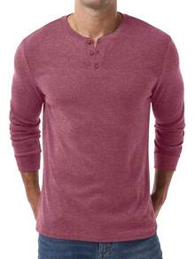 Men's Henley Long Sleeve Casual Classic Button Pullover Tee - Styles - Merah - View 2