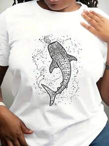 Women's Casual Whale Shark Graphic T-Shirt - Black With White Starry Print, Round Neck Short Sleeve Summer Top, Breathable & Machine Washable, Whale Shirt, Everyday Top, Unique Print, Soft Materi,220g - White - View 1