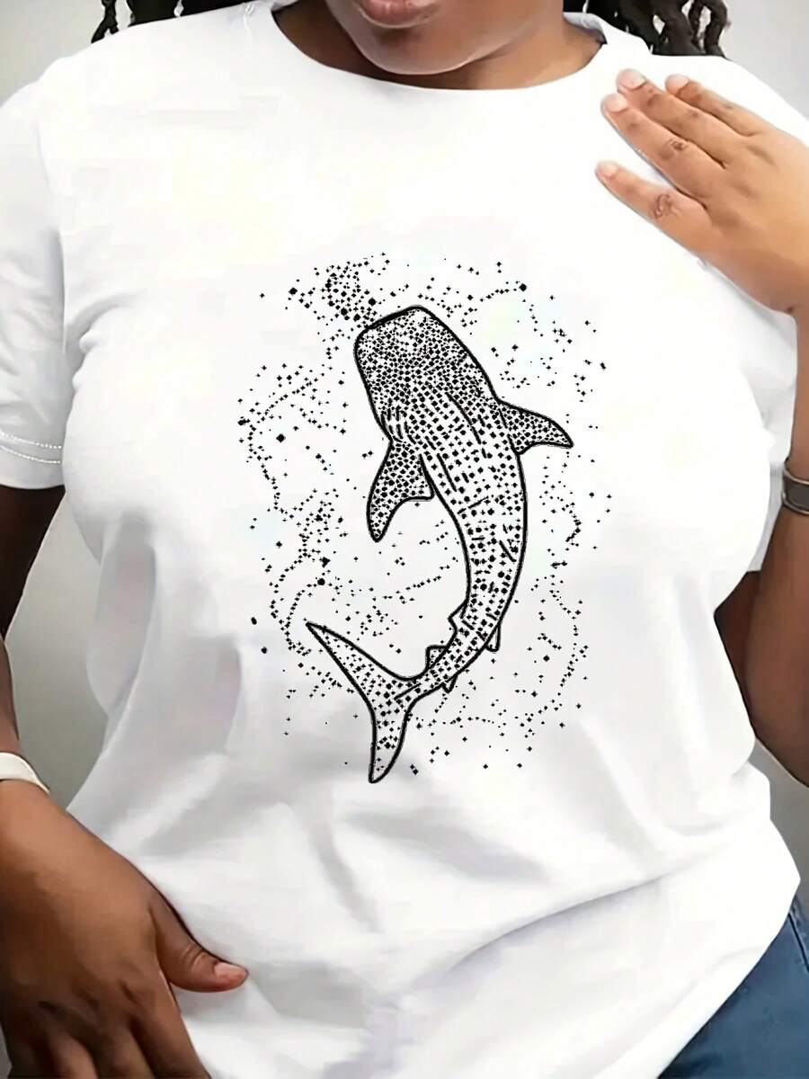 Women's Casual Whale Shark Graphic T-Shirt - Black With White Starry Print, Round Neck Short Sleeve Summer Top, Breathable & Machine Washable, Whale Shirt, Everyday Top, Unique Print, Soft Materi,220g - White - View 1