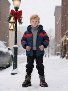 A Pair Of Boys' Snow Boots With Cartoon Patterns, Thermal Lined, Non-Slip & Camouflage Style, Warm And Cold-Resistant For Kids To Play In The Snow And Go To School, Wear-Resistant & Foot-Warming