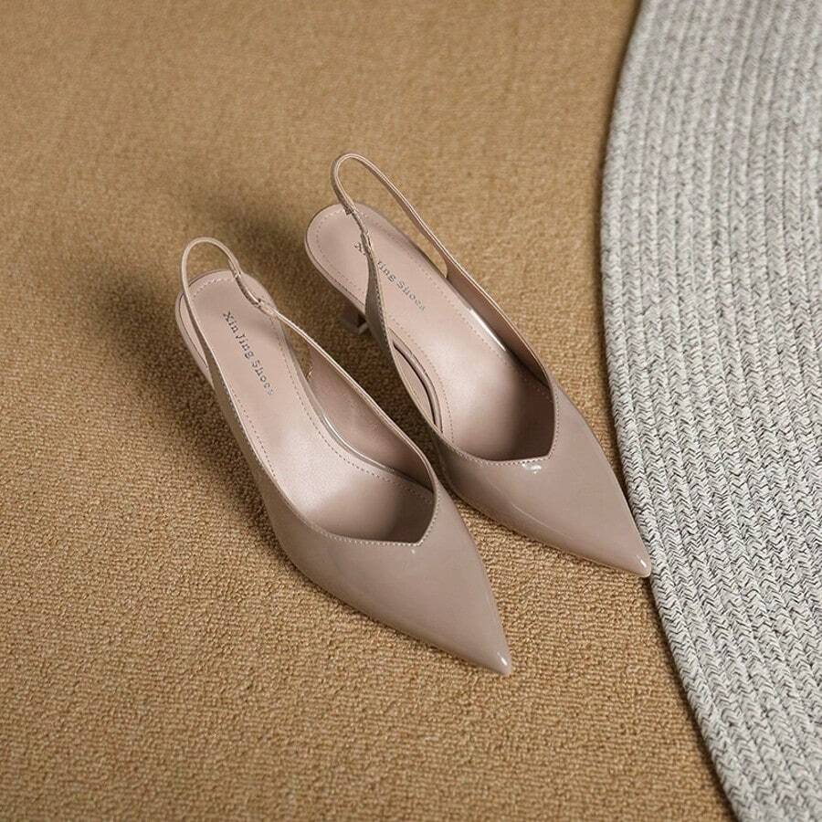 Summer Minimalist Slingback Pumps, Elegant Solid Color Stylish Stiletto High Heels, Comfort Pointed Toe Sandals, 2024 Summer Back To School Footwear, Walking Shoes For Women Office Siren Outfit, Valentine's Day, Gift For Her, Elegant Party Shoes - 杏色 - 查看 1