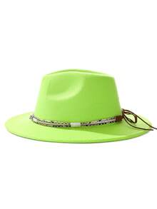 1pc Bohemian Style Faux Leather Decor Felt Fedora Hat, Soft Brim, Unisex Fashion For Work And Commute, Suitable For Autumn And Winter