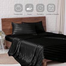 MR&Juego de Sábanas de Satén 4pzas, Sabanas Matrimonio Satín Sedosas Lujosas Suaves, con Sábana de Cajón Ajustable Bolsillo Profundo para Colchones Matrimoniales (Matrimonial, Negro) CVMD - Negro Rayado - Ver 8