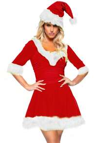 Women's Christmas Santa  Green Monster Cosplay Costume Dress Plush Patchwork Half Sleeve V-Neck For Party - Red - View 2