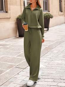 Women's 2 Piece Outfits Casual Lapel Half Zip Sweatshirts And Wide Leg Pants Tracksuit Sets Vacation Spring  Fall Outfits For Women - 軍綠色 - 查看 4