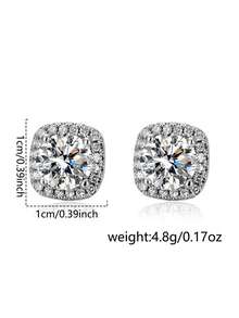 1 Pair Fashionable Minimalist White Cubic Zirconia Square Stud Earrings, Bling Bling Rhinestone Earrings For Women