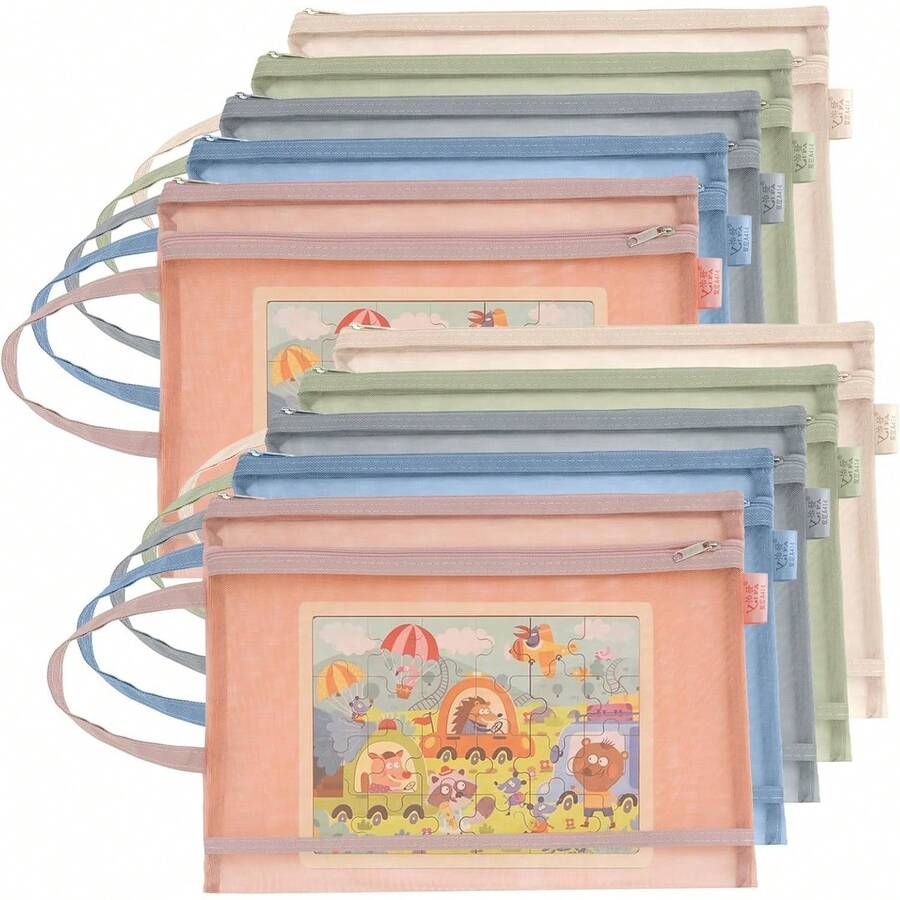 Coloured Mesh Zipper Storage Bags 10PCS A5 Double-Layer Nylon Pouches With Handle, See-Through Toy Storage And Organisation For Building Blocks - A4-2 capas - Ver 1