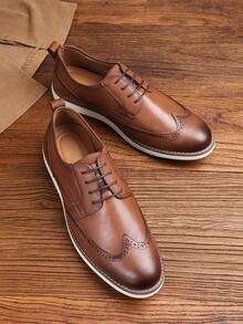 Men's Casual Lace-Up Brogue Style Formal Shoes, Lightweight Soft Sole, Suitable For Work And Daily Wear