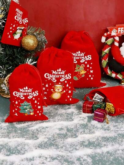 10pcs/Set Large Christmas Ornament Gift Bags, 12 Christmas Theme Pattern Gift Bags, Velvet Drawstring Gift Bags For Christmas & Halloween (Random Pattern)