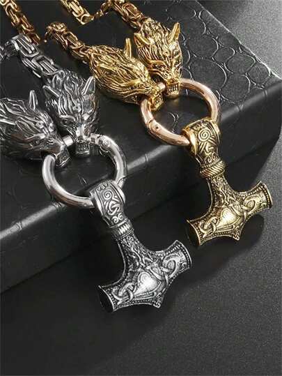 1PC Stainless Steel Viking Hammer And Wolf Head Pendant Necklace - Vintage Nordic Bohemian Jewelry, Symbol Of Friendship And Love, Durable Casual Clothing, Perfect Valentine's Day And Couple's Birthday Gift And Friends
