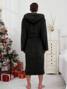 1pc Soft & Comfortable Jacquard Fleece Long Hooded Bathrobe With Pockets, Unisex, Autumn/Winter, Fluffy, Cozy