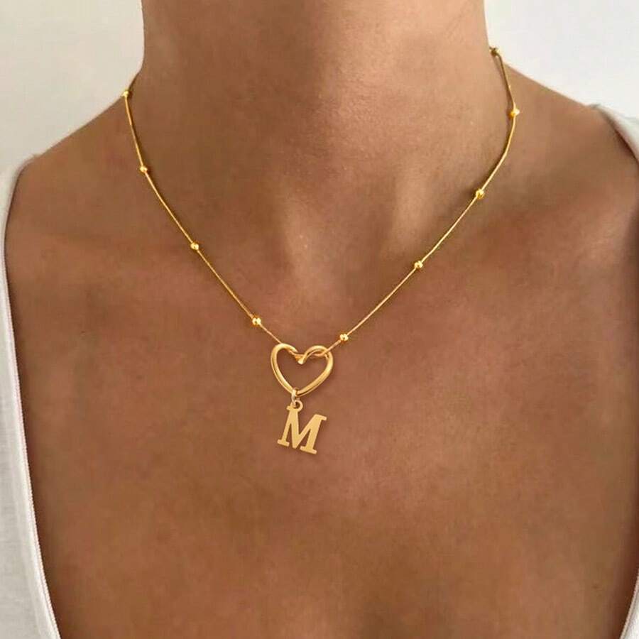1pc New Classic Hollow Heart Pendant Necklace, Stainless Steel Gold Fishbone Chain For Women - Golden Stainless Steel - View 1