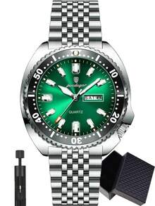 POEDAGAR 1件装时尚男士不锈钢防水夜光石英表，带旋转表圈，奢华双日期显示，商务男士腕表，适合工作场合，男士礼品 - 銀色 - 查看 16