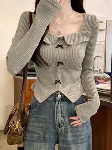 复古美式时尚蝴蝶结领长袖T恤，女士短款修身休闲T恤，2025秋季款 - 卡其色 - 查看 1