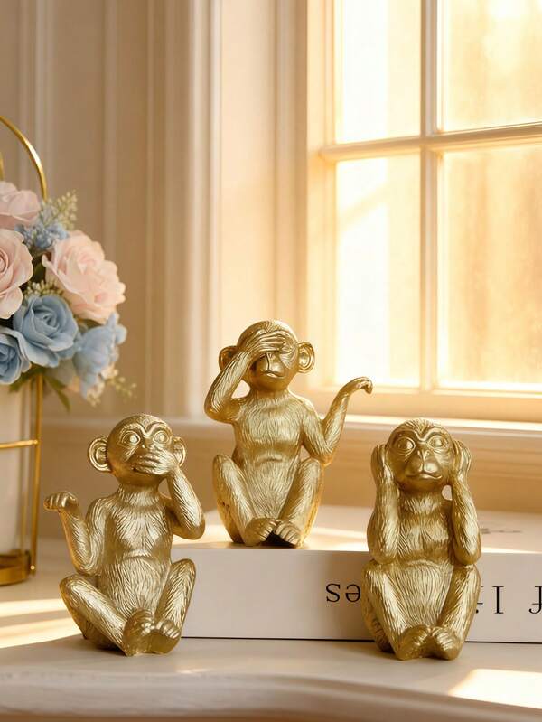 1pc Stylish Golden Three Monkeys Figurines See No Evil Hear No Evil Speak No Evil Statues Modern Minimalist Luxury Resin Animal Sculptures For Home Decor Living Room Bedroom Study Desktop Shelf Office Decoration Ornament Perfect Gift For Friends Housewarming Ceremony