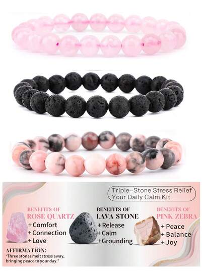 3pcs Natural Stone Stretch Bracelet Set Women's Fashion Minimalist Natural Stone Crystal Emotional Healing Stretch Bracelet Birthday Gift, Surprise Gift, Halloween Gift, Friendship Gift, Fashion Jewelry Gift