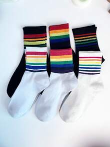 3 pares de calcetines a rayas de colores del arcoíris, calcetines transpirables de media pantorrilla, estilo callejero, adecuados para primavera, otoño e invierno
