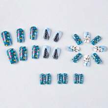 Christmas Press On Nails Blue Glossy Winter Christmas Colorful Lights Fake Nails With Designs Christmas Tree Snowflake Acrylic Nails Full Cover Medium Square Stick On Nail For Women Girls 24 Pcs - 風格 18 - 查看 10