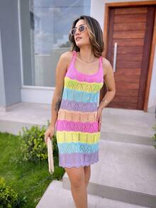 Saida de Praia Tricot Feminina Vestido Curto Colorido Saidas de Praia Look Para Praia - Multicolorido - View 5