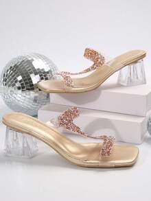 New Plus Size Women's Open Toe Rhinestone Transparent Chunky Heel Slides Sandals, Comfortable Casual Fashion Outdoor Beach Summer Shoes