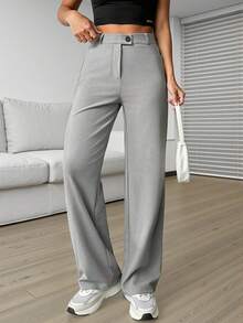 Pantalones largos casuales grises de pierna ancha para mujer con botones y cremallera. Tejido ligeramente elástico. - Gris - Ver 3