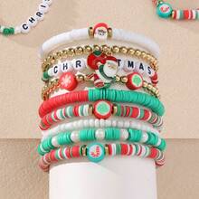 Set de 7 piezas/paquete de pulseras elásticas de cuentas de arcilla suave con diseño bohemio de Navidad en rojo, blanco y verde - Colgante de Papá Noel, árbol de Navidad, cuentas con letras, pulsera de , pulsera para compartir en familia (color aleatorio - sin tarjeta)