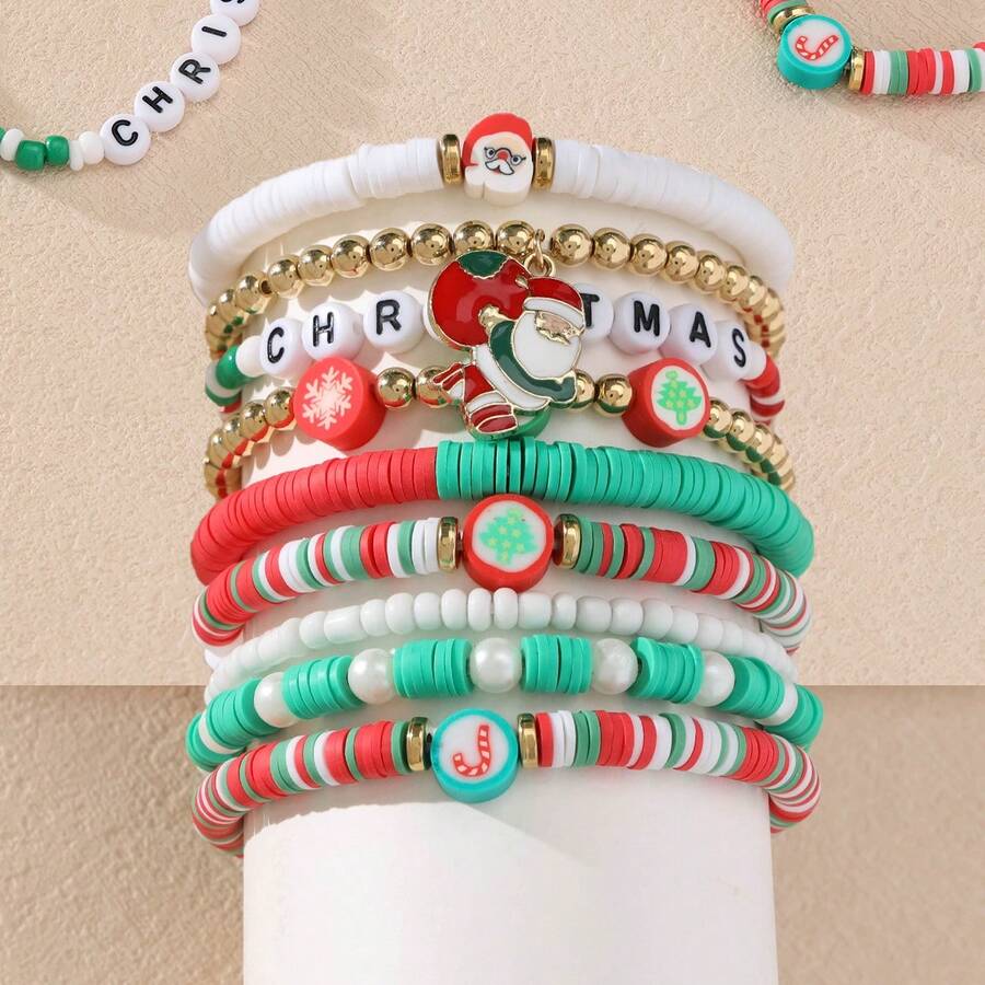 Set de 7 piezas/paquete de pulseras elásticas de cuentas de arcilla suave con diseño bohemio de Navidad en rojo, blanco y verde - Colgante de Papá Noel, árbol de Navidad, cuentas con letras, pulsera de , pulsera para compartir en familia (color aleatorio - sin tarjeta)