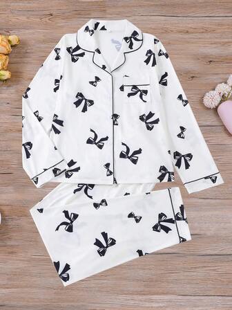 2pcs Sweet Bow Print Women's Sleepwear Pajama Set, Comfortable Long Sleeve Top With Collar And Elastic Waist Pants, Suitable For Holiday Party, Casual Loungewear For All Seasons, Fall Winter Clothes