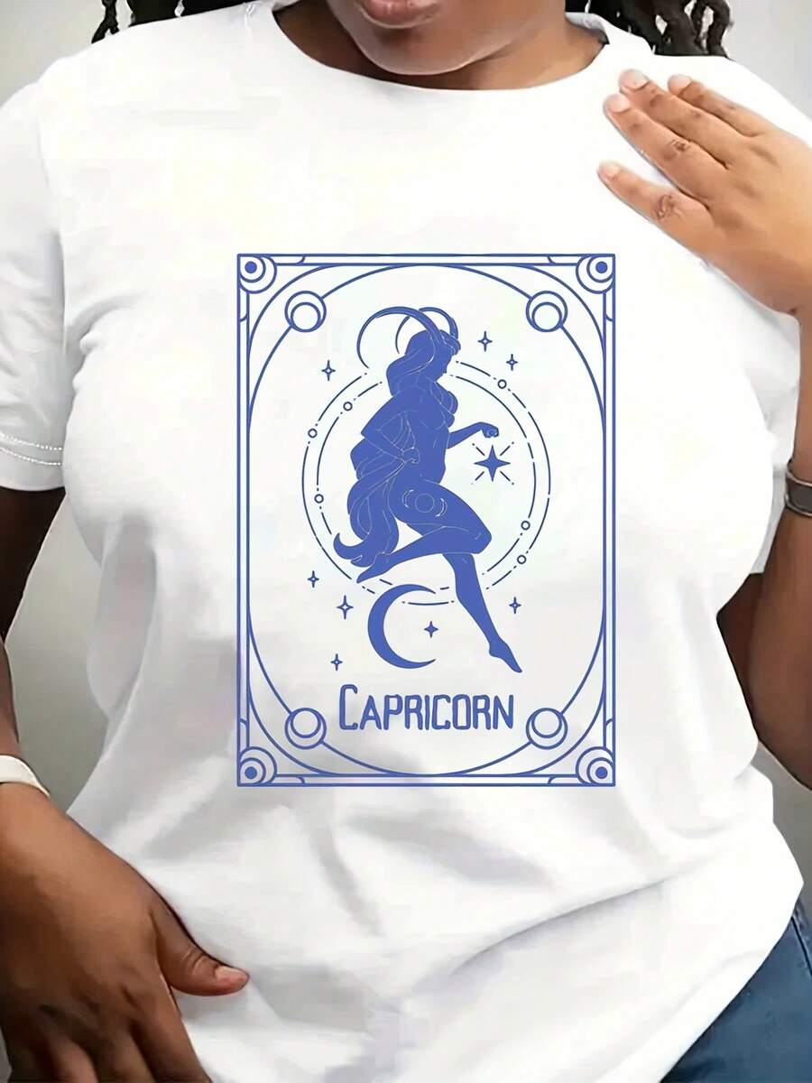 Women's Capricorn Birthday T-Shirt - Zodiac Tee Graphic Print, Casual Crew Neck Short Sleeve Top, Capricorn Themed Shirt, Machine Washable Fashion, Statement Shirt, Comfortable Fabric, Printed Shirt, Fashion Enthusiasts, December And January Birthday T-Shirts, 220g