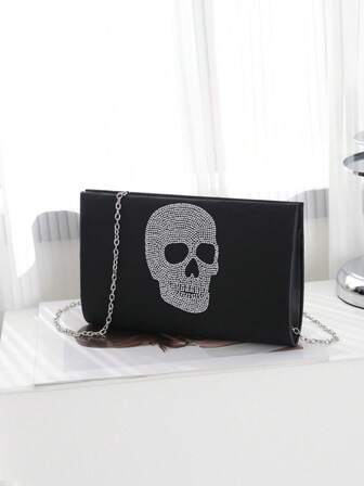 万圣节中心装饰品，暗黑朋克风格水钻骷髅可拆卸链条派对晚宴包