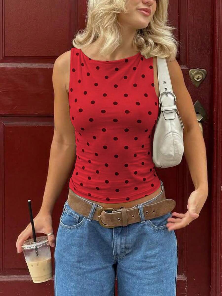 Women's Y2k Polka Dot Tank  Top Sleeveless Round Neck Slim Fit Vest Crop Tops Summer Basic Going Out Tops Tee Party Streetwear - 紅色 - 查看 1