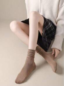 4双装女士无缝棉混纺弹力中筒袜，休闲日常穿着，春秋季 - 彩色 - 查看 4