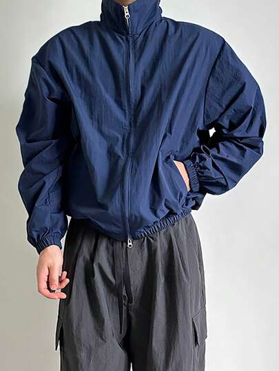 Men's Solid Color Stand Collar Coach Jacket, Casual Commuter Vacation College Style Sports Baseball Coat, All Season