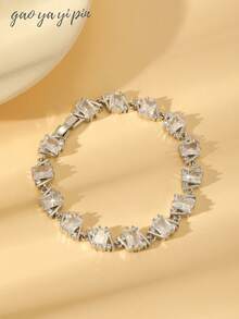 1pc Square Cubic Zirconia Embellished Chain Bracelet, Suitable For Women's Wedding, Engagement, Party Jewelry