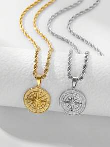 1pc 18K Gold Plated Stainless Steel Viking Compass Pendant Necklace, Herringbone Chain For Men - Yellow Gold - View 1