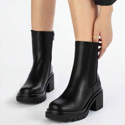 WEIDE Botines de mujer estilo Chelsea, botas de mujer modernas de piel lisa con elástico en el tobillo y diseño elegante con tacón grueso
