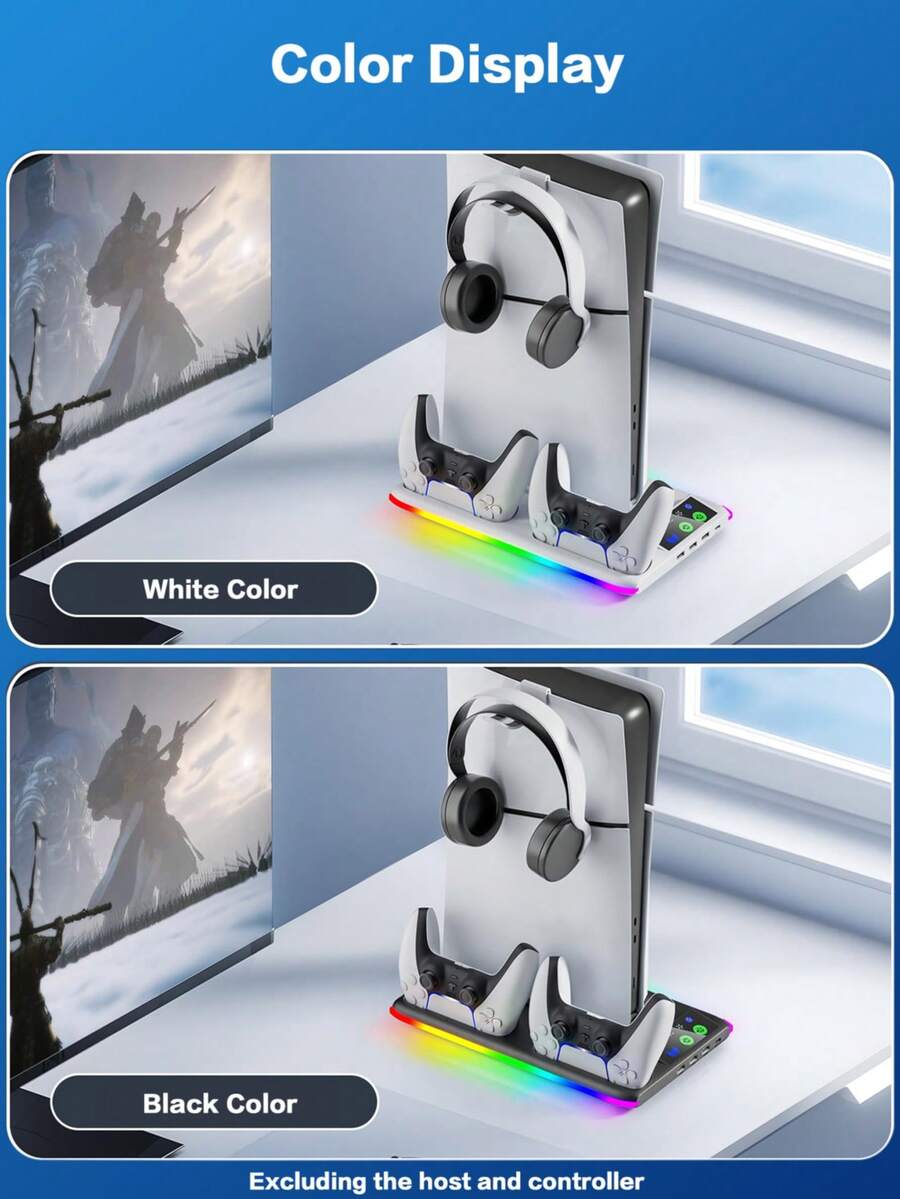 IPlay P-5/Slim/Pro Disc And Digital Game Console Stand, P-5 Multifunctional Charging And Cooling Base With RGB Backlight, 3-Speed Cooling Fan, 3 USB Ports And 1 Headphone Holder - (White/Black) - Multicolor - View 1