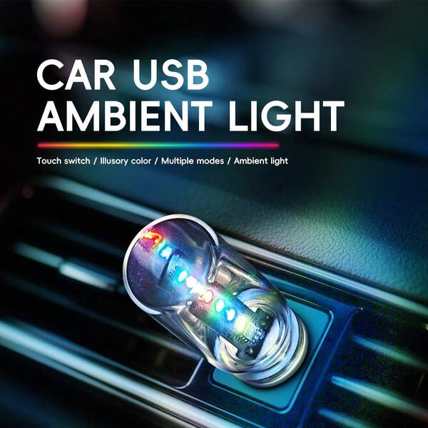 1 pièce Lumière d'ambiance pour voiture 5V Arc-en-ciel Branchement USB Allumage par contact, Appui long pour changer de mode, Lumière néon haute luminosité Éclairage lumineux des angles morts Lumières LED intérieures de voiture compactes et élégantes