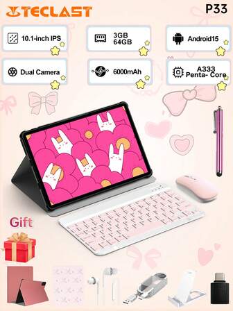  Teclast P33 Yeni Tablet, Android 15 10.1 İnç IPS, 1280X800 Çözünürlük, Allwinner A333 Beş Çekirdekli, 9 GB * (3 GB + 6 GB Sanal) 64 GB Depolama Alanı, Wi-Fi, 6000 mAh Tip-C Şarj, Arka 5 MP ve Ön 2 MP Çift HD Kamera, Pembe Tablet Kılıfı, Pembe Klavye ve Kablosuz Fare, Mouse Pad Aksesuar Paketi