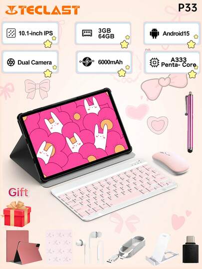  Teclast P33 New Tablet PC, Android 15 System, 10.1-Inch IPS Screen, 1280x800 Resolution, Allwinner A333 Octa-Core Processor, 9GB RAM (3GB+6GB Virtual Memory), 64GB Storage, Wi-Fi Support, 6000mAh Battery, Type-C Charging, 5MP Rear Camera And 2MP Front Camera, Pink Tablet Protective Case, Includes Pink Keyboard, Wireless Mouse And Mouse Pad Accessory Set