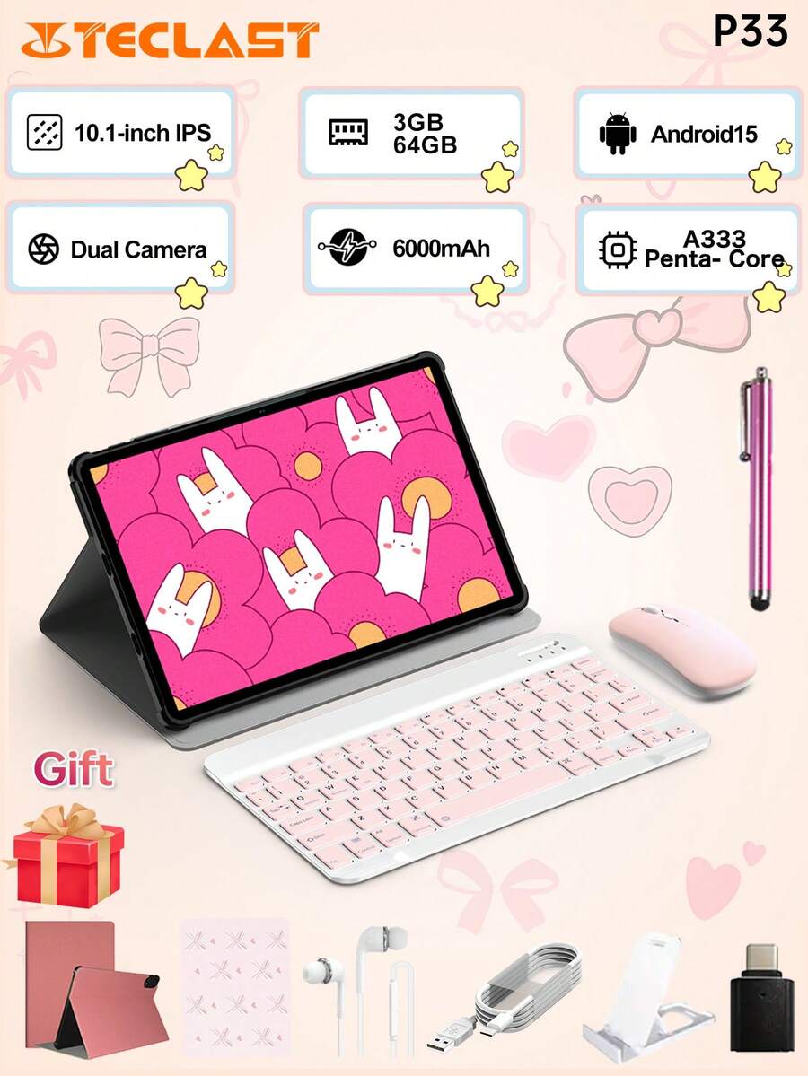 Teclast P33 New Tablet, Android 15 10.1-Inch IPS, 1280X800 Resolution, Allwinner A333 Five Core, 9GB * (3GB+6GB Virtual) 64GB Storage Space, WIFI, 6000mAh Type-C Charging, Rear 5MP And Front 2MP Dual HD Cameras, Pink Tablet Case ,With Pink Keyboard &Wireless Mouse,Mouse Pad Accessories Bundle
