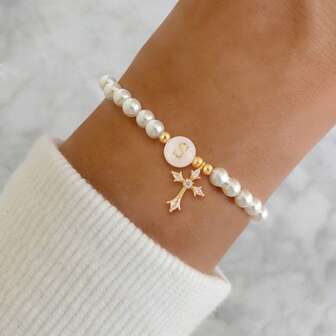 1pc New Simple Classic Pave Zirconia Cross Initial Bracelet Faux Pearl Gold Color Stainless Steel Chain Bracelets For Women