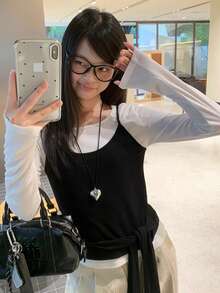 女士休闲二合一长袖 T 恤，修身系带初秋汗衫 - 黑與白 - 查看 4