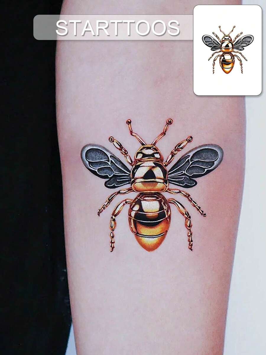 STARTTOOS Liquid Metal Color Cyberpunk Gold Mechanical Bee Pattern Tattoo Full Arm Ankle Body Skin Temporary Tattoo Sticker - Multicolor - View 1