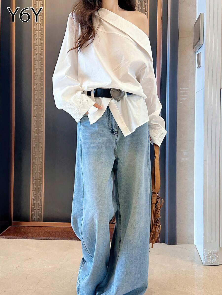 Y6Y 不对称肩部不对称长袖白色秋季女式休闲不对称肩部上衣衬衫设计